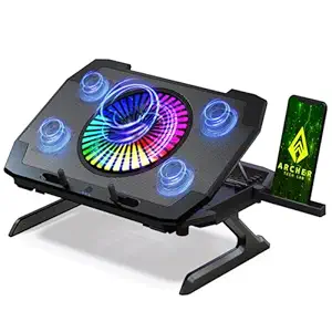 Archer Tech Lab RGB Gaming Laptop Cooling Pad Stand with Aluminum Metal Grid, 5 Turbo Fans Dual USB Ports 7 Adjustable Angles Elevation Bracket & Phone Holder, Supports Up to 17" Laptop (Squall 300)